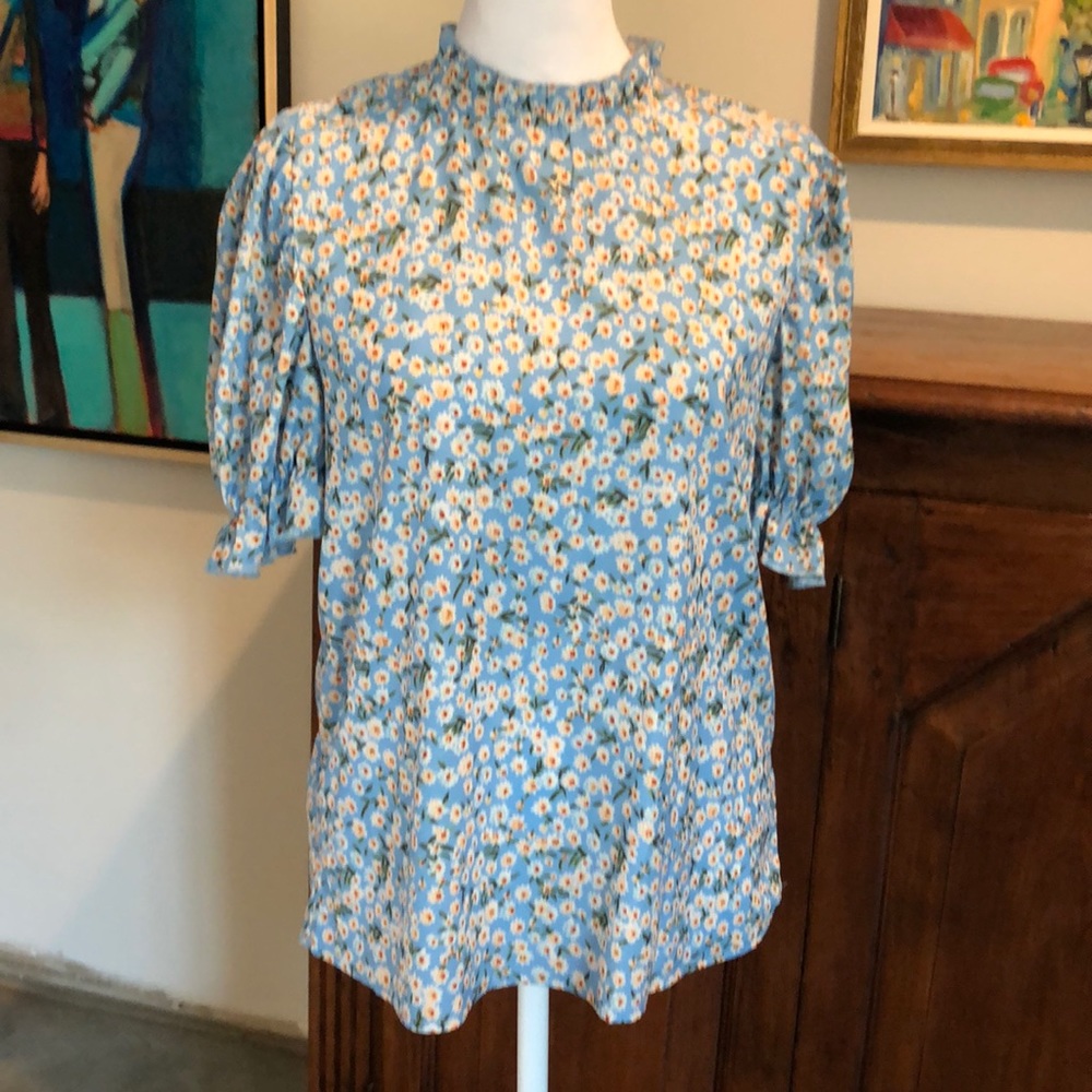 Blue and Yellow Sunflower Blouse Size Small